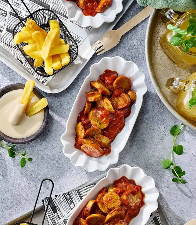 Curryworst met ponzu-mayo en chilisaus