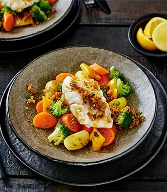Gepocheerde kabeljauw met panko-botersaus