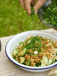 Komkommersalade met noten, chili & sojasaus