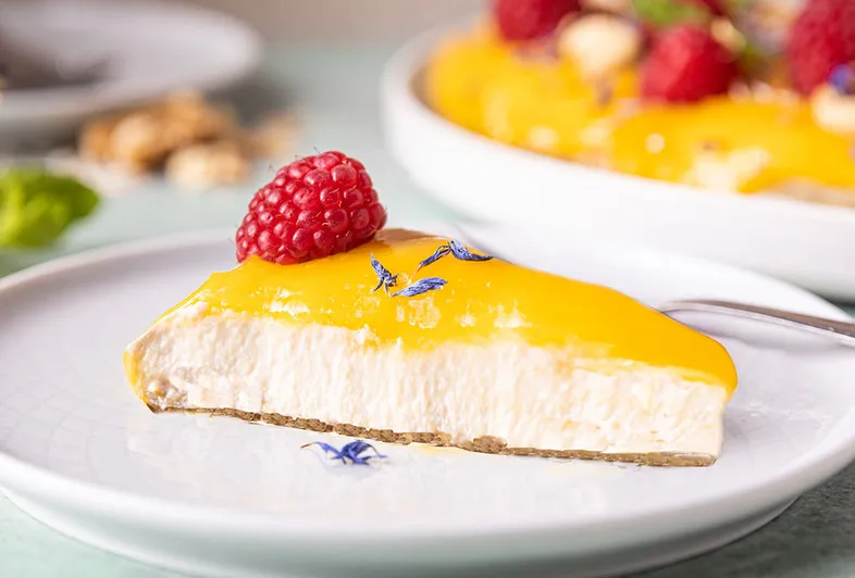Tofu-cheesecake met mangomousse