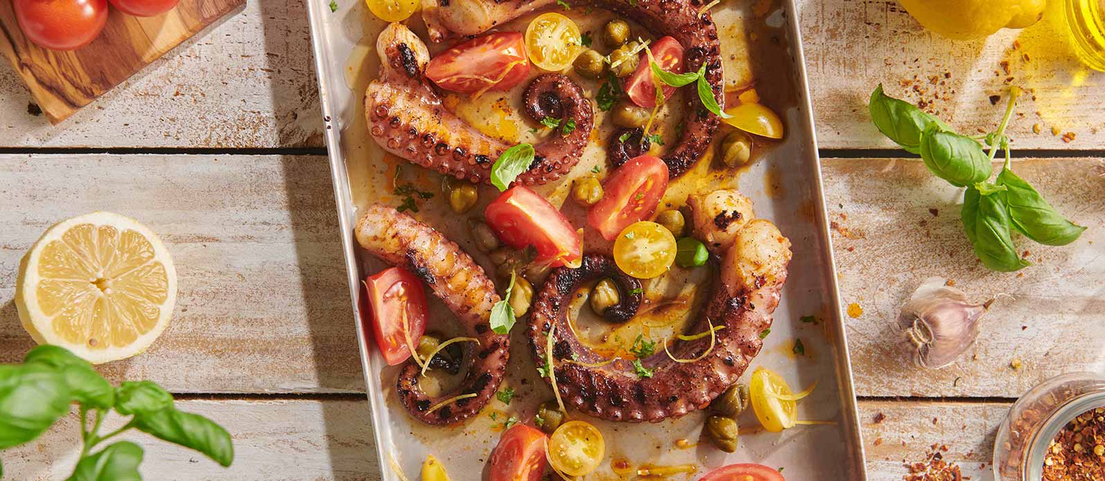 Gegrilde octopus met ponzusaus en kappertjes