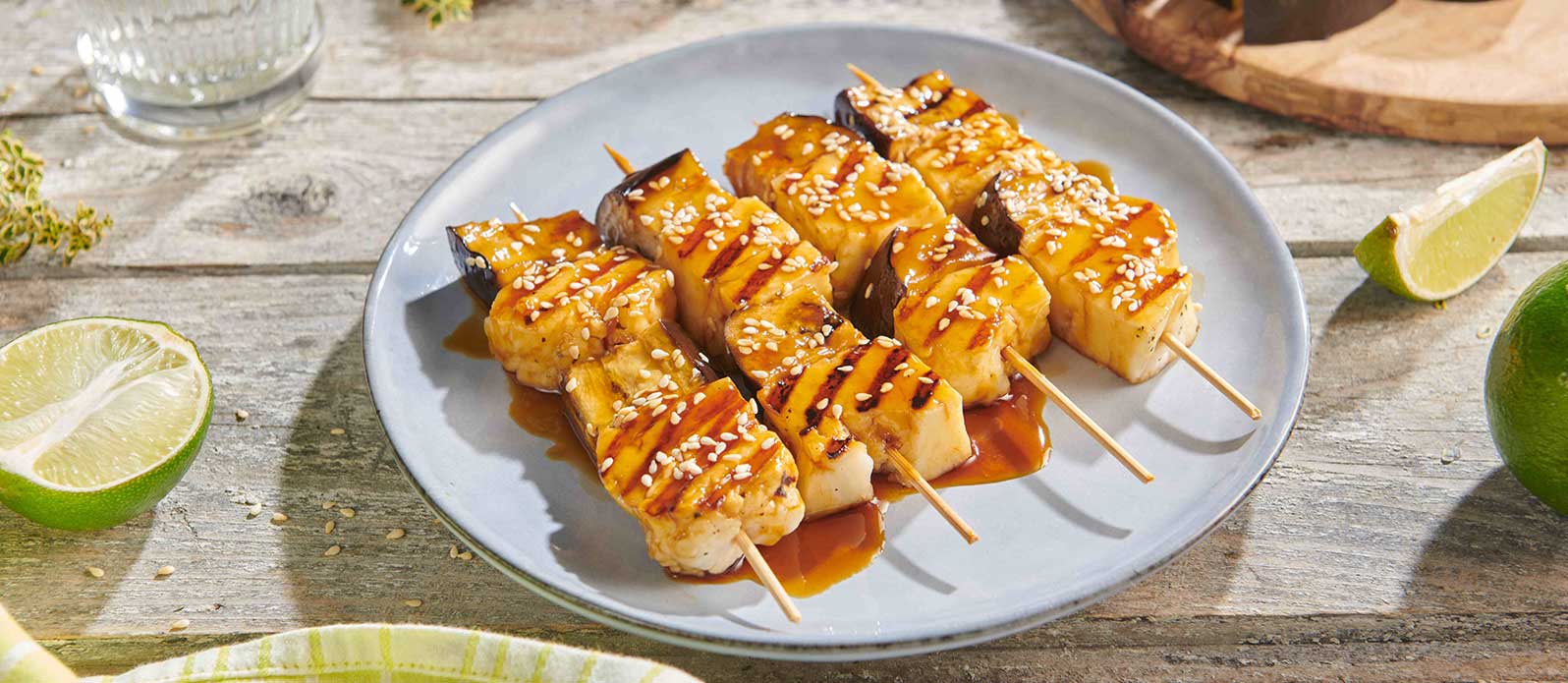Yakitori van halloumi en aubergine