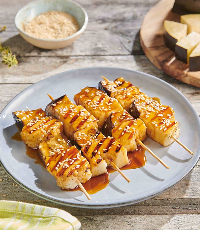 Yakitori van halloumi en aubergine